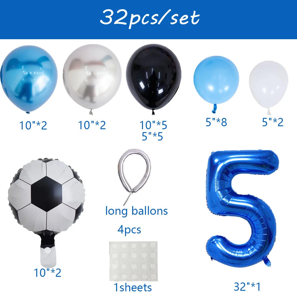 A set of 32 football and number balloons including silver, black, and blue balloons.