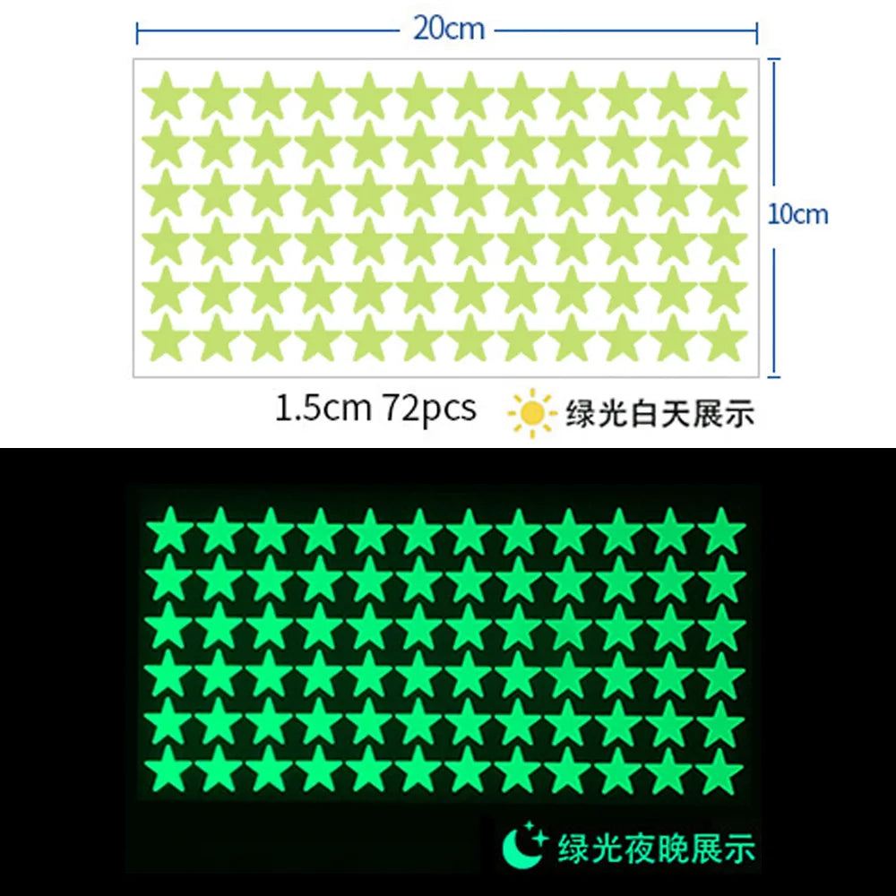 A grid of green glow-in-the-dark stars used as wall stickers, showing a bright green light against a dark background.