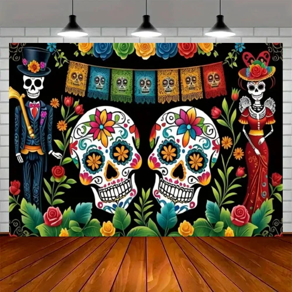Day of the Dead Skeleton Carnival Backdrop for Halloween Party Decorations