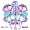 A set of 14 mermaid-themed balloons including a large purple number balloon and pink fan-shaped balloons
