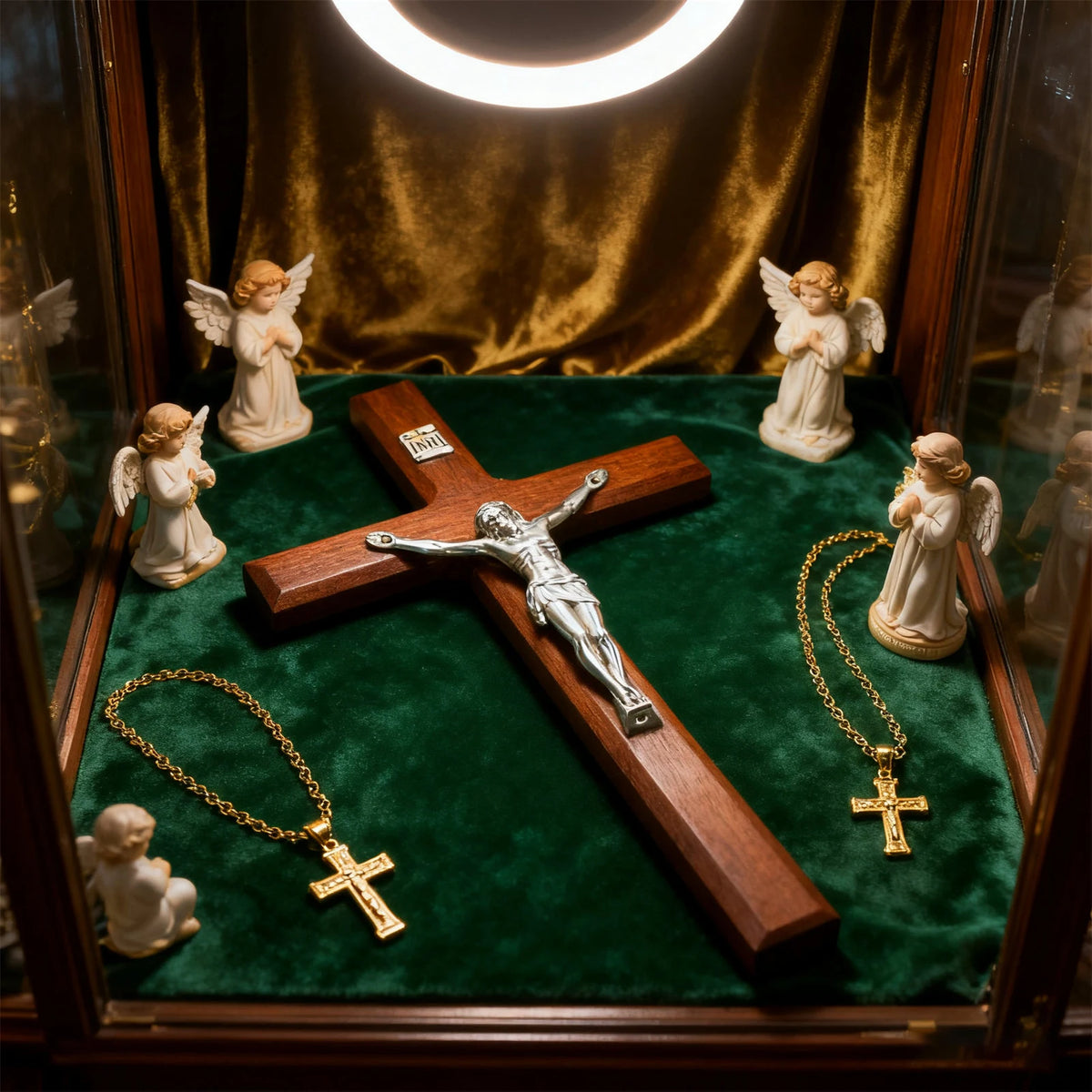 Hand carved wooden cross wall decor displayed in a glass box with angels and green velvet fabric