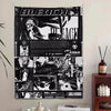 Schwarz-weißes Manga-Collage-Tapestry mit verschiedenen Charakteren und Szenen aus Bleach.
