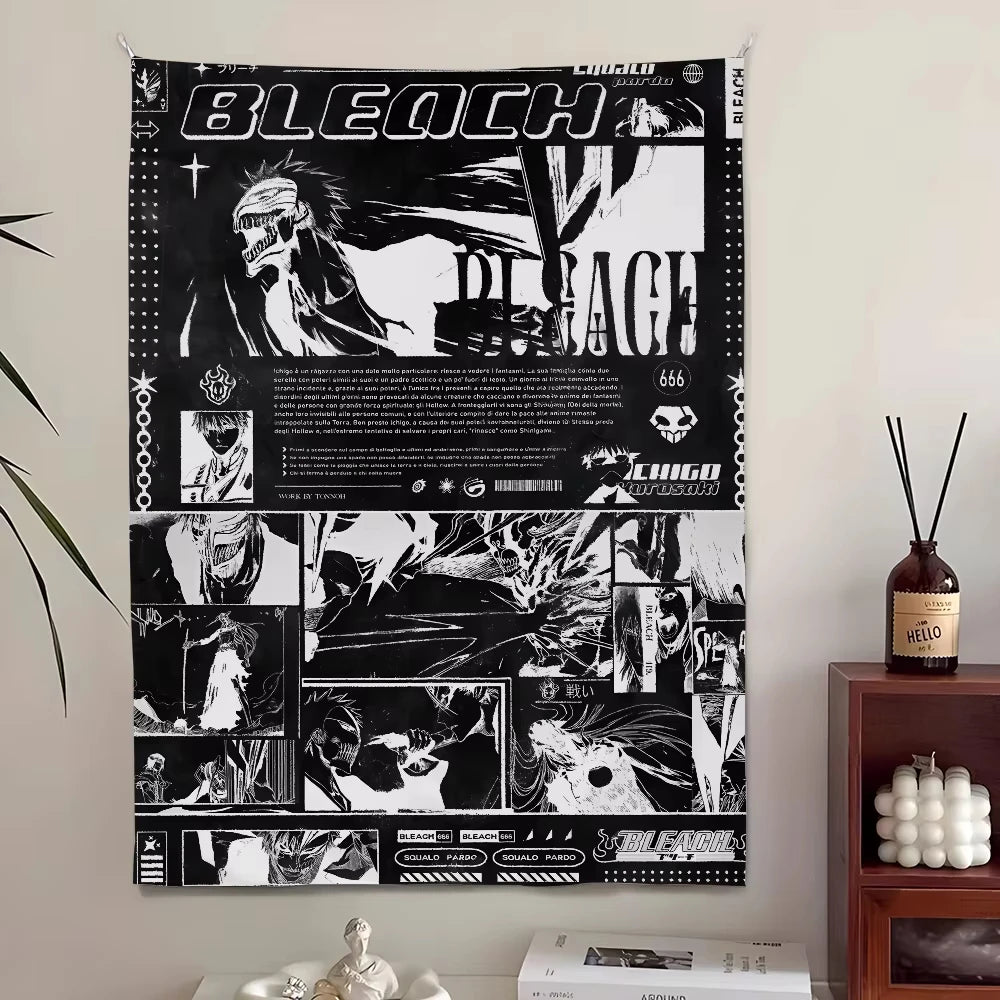 Schwarz-weißes Manga-Collage-Tapestry mit verschiedenen Charakteren und Szenen aus Bleach.