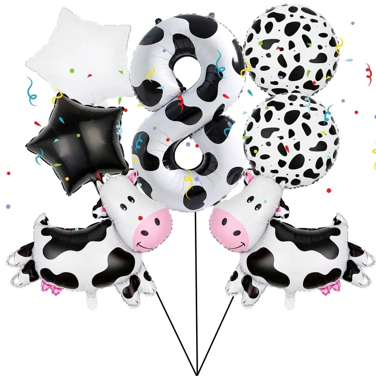 A set of black and white cow print balloons including a large number balloon, a star balloon, and several patterned balls.