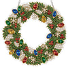 An LED-illuminated diamond painting wreath kit featuring green foliage, red and blue jewels, and white pearls for Christmas d