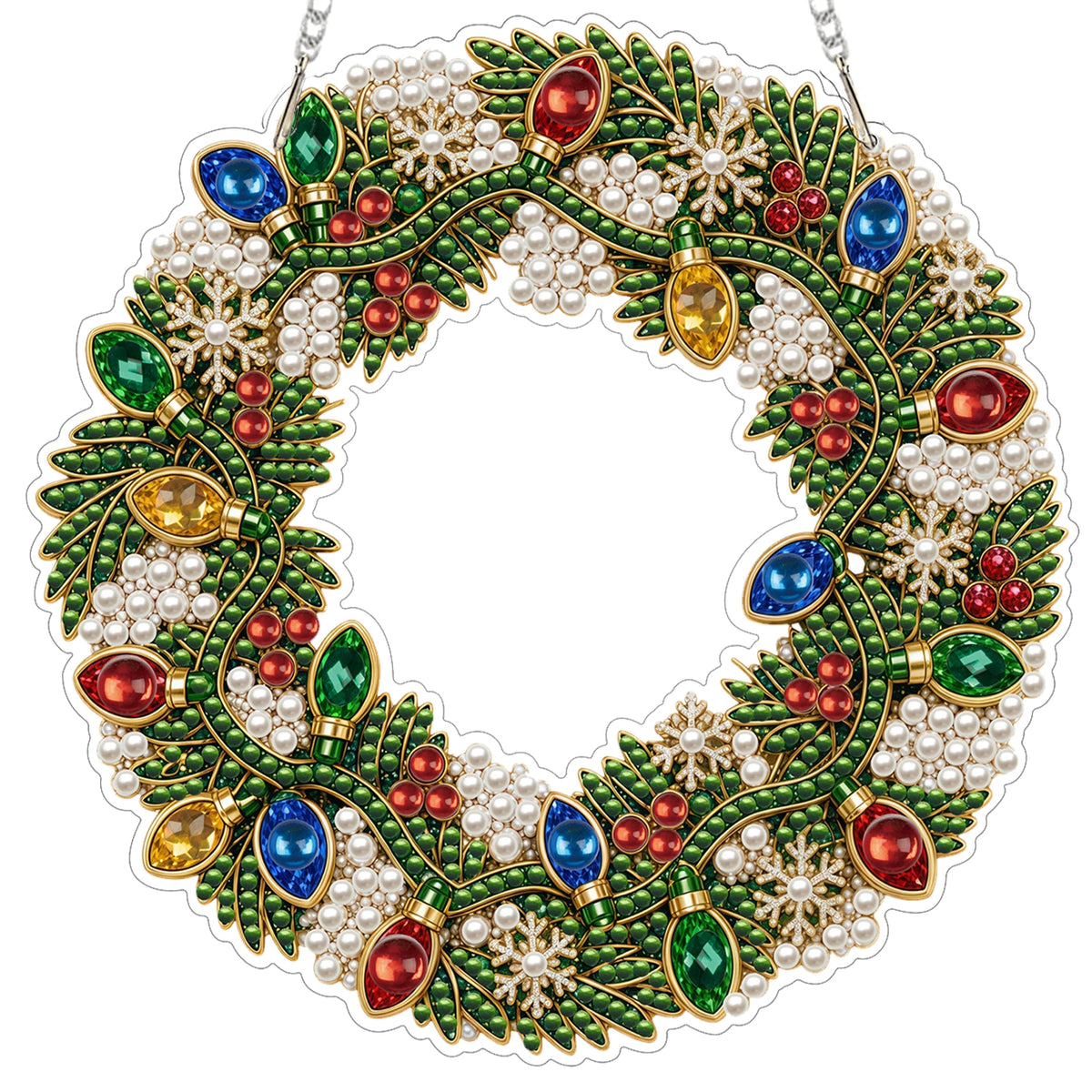 An LED-illuminated diamond painting wreath kit featuring green foliage, red and blue jewels, and white pearls for Christmas d