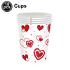 Ten cups featuring a pattern of red heart designs on white cups.