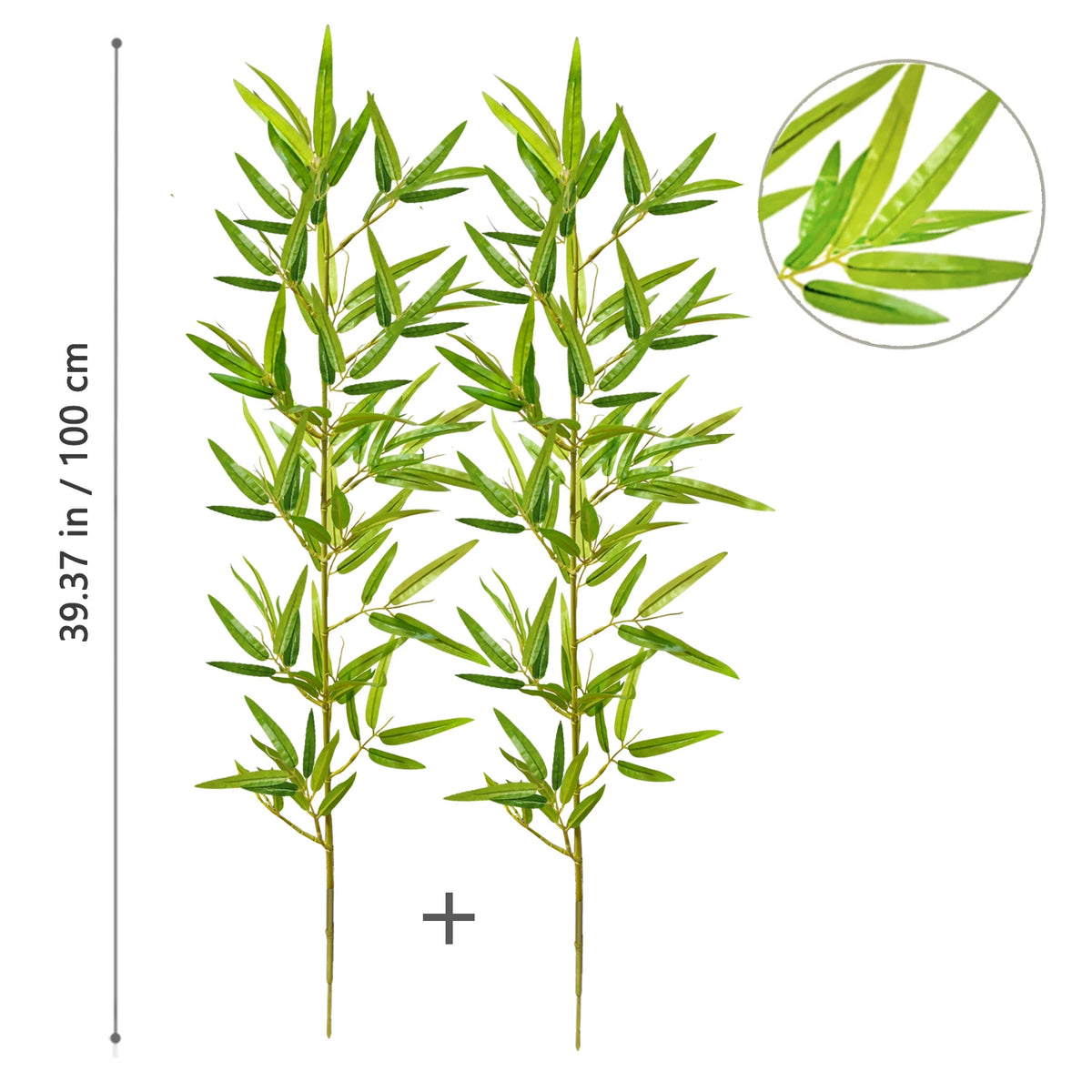 A vertical branch of artificial bamboo with green leaves shown alongside a magnified view of the foliage.