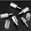 A collection of silver metal shelf support pegs with screws shown against a dark background.