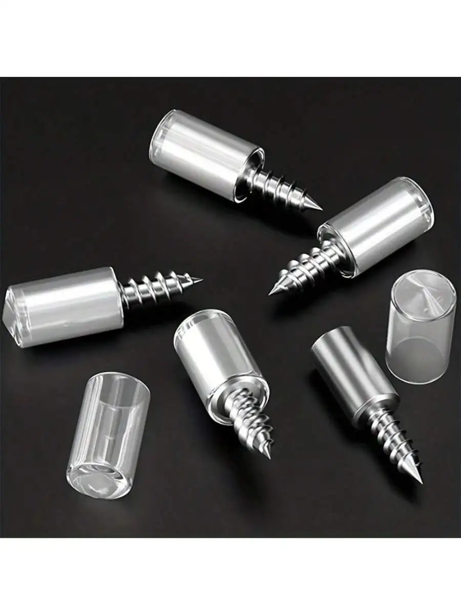 A collection of silver metal shelf support pegs with screws shown against a dark background.