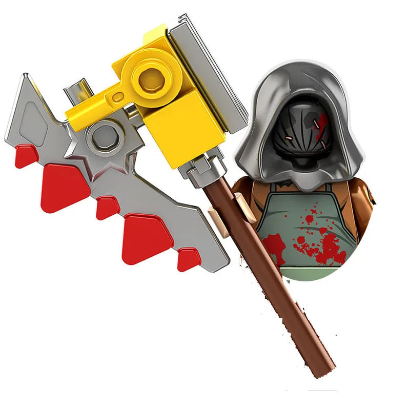 A set of horror movie icon building blocks featuring a yellow and silver axe head.