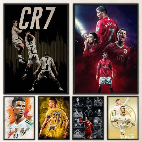A collage of football legends including Cristiano Ronaldo, Lionel Messi, and Ronaldinho, displayed as vintage canvas wall art