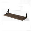 A dark brown natural wood floating wall shelf with black mounting brackets.