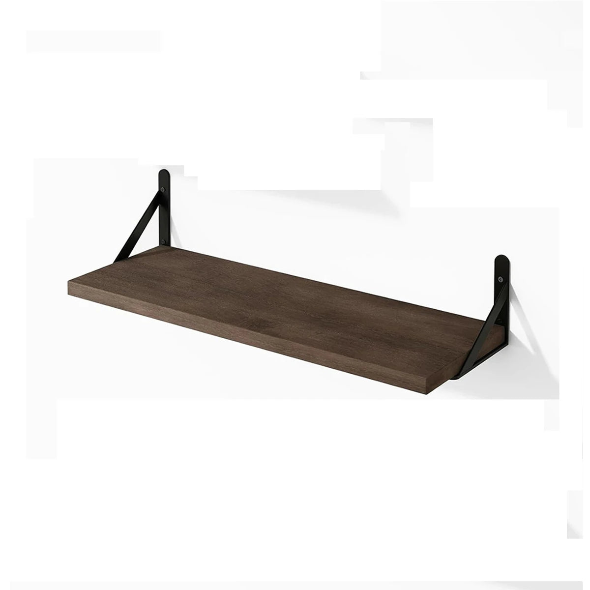 A dark brown natural wood floating wall shelf with black mounting brackets.