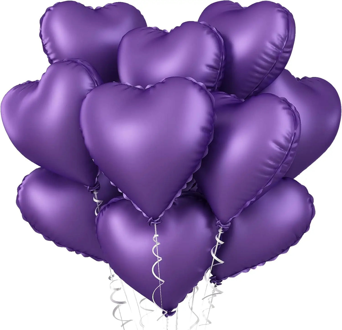 A bunch of purple heart-shaped foil balloons tied together for a celebration