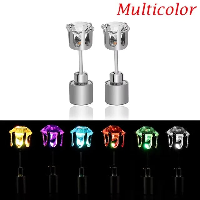 A set of multicolor LED light-up flashing stud earrings with color-changing zircon stones.