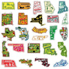 A collection of 50 USA map cartoon stickers featuring various states and regions.
