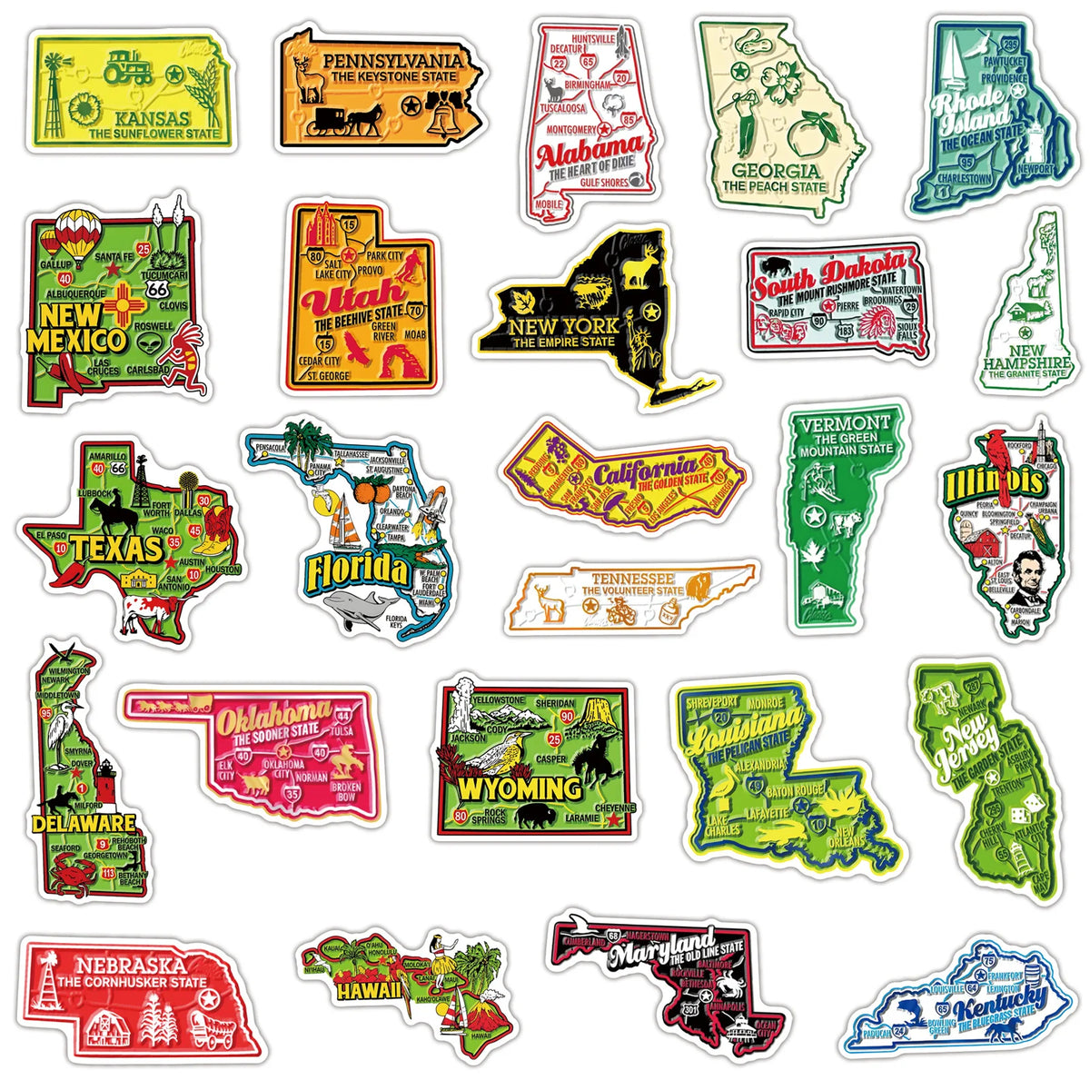 A collection of 50 USA map cartoon stickers featuring various states and regions.