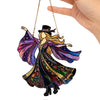 Acrylic hanging suncatcher of a dancing lady with purple and gold wings and a black hat