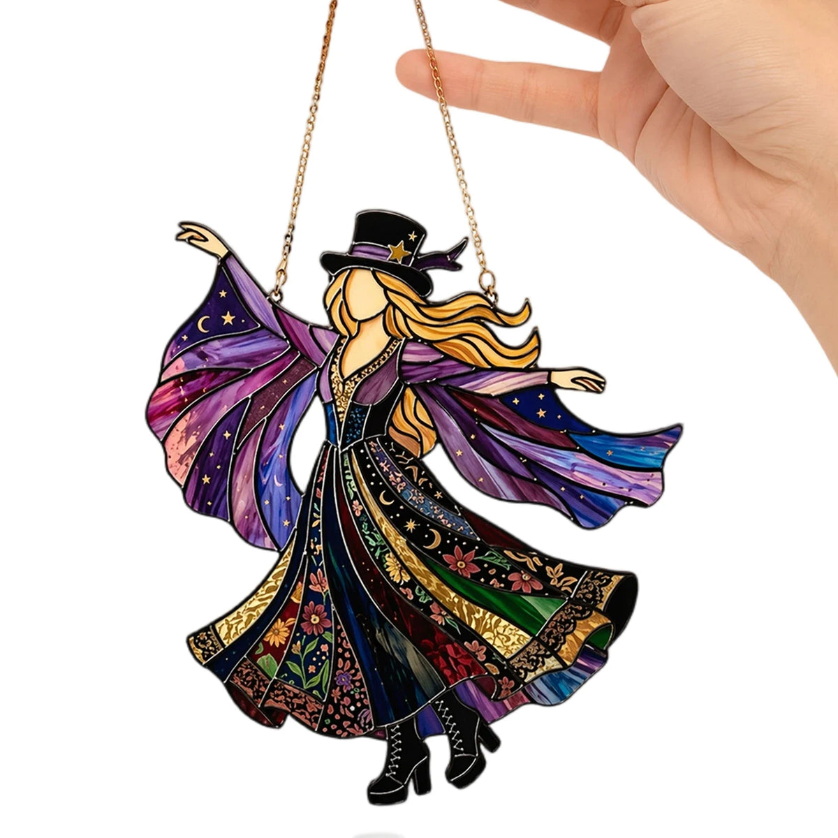 Acrylic hanging suncatcher of a dancing lady with purple and gold wings and a black hat
