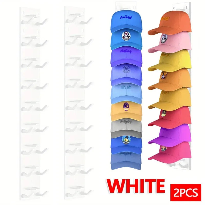 Wall-mounted organizer rack displaying various colored baseball caps and hats.
