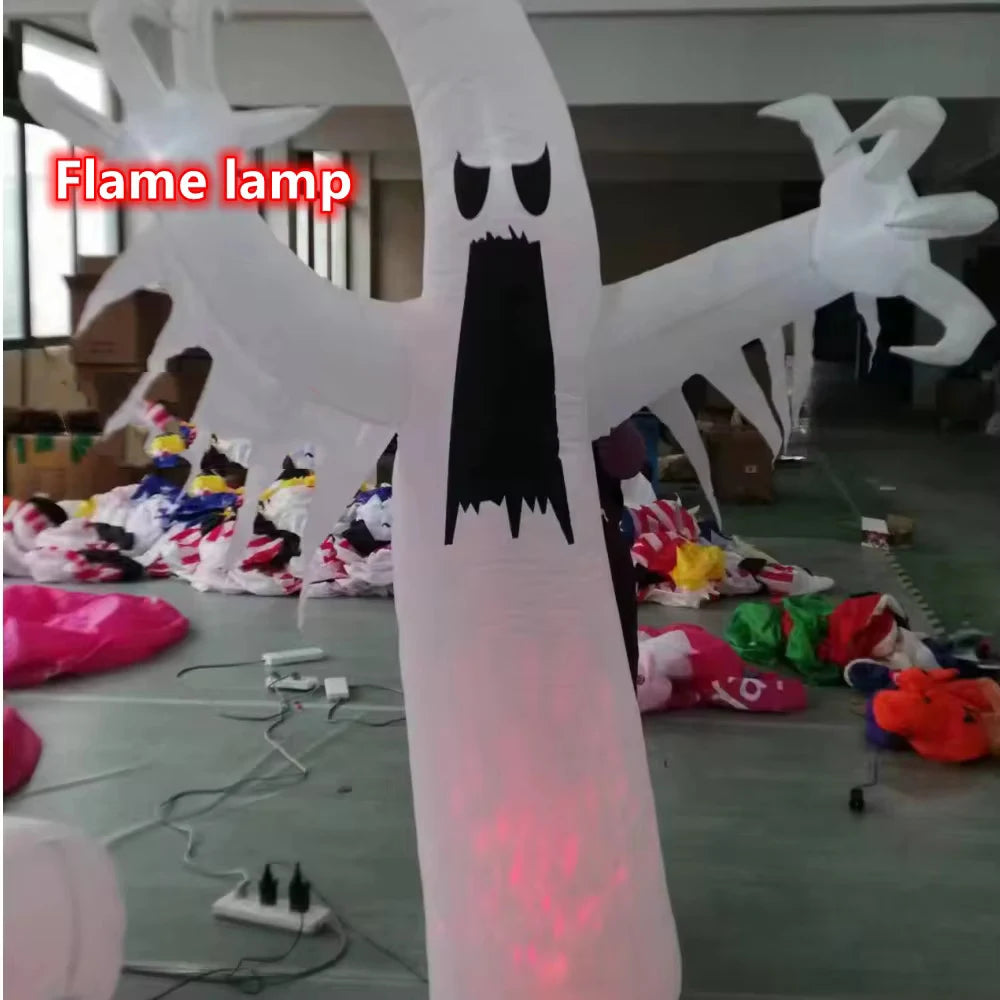 A white inflatable ghost decoration with black features and built-in LED lights.
