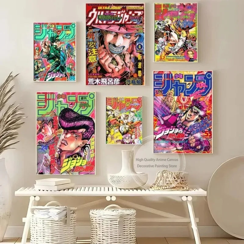 A collection of vibrant JoJo's Bizarre Adventure anime posters displayed on a white shelf.