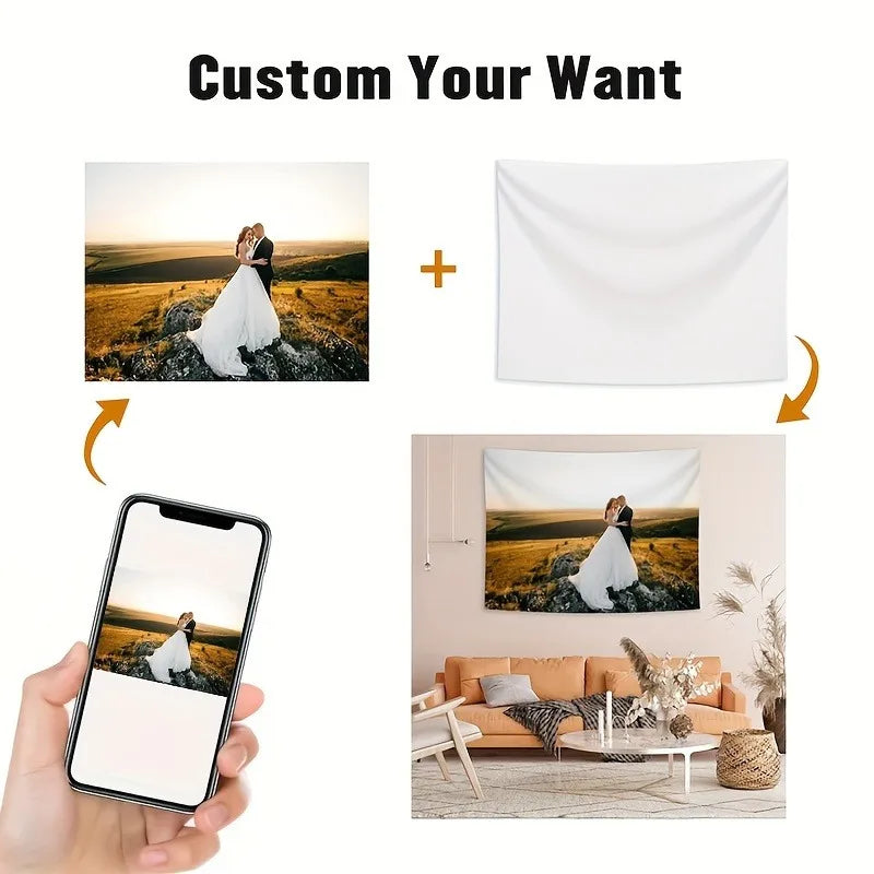 A display showing a customizable patterned tapestry wall hanging, featuring options for photo customization and fabric select