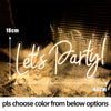 A glowing neon sign spelling out Let's Party in cursive script against a dark background.
