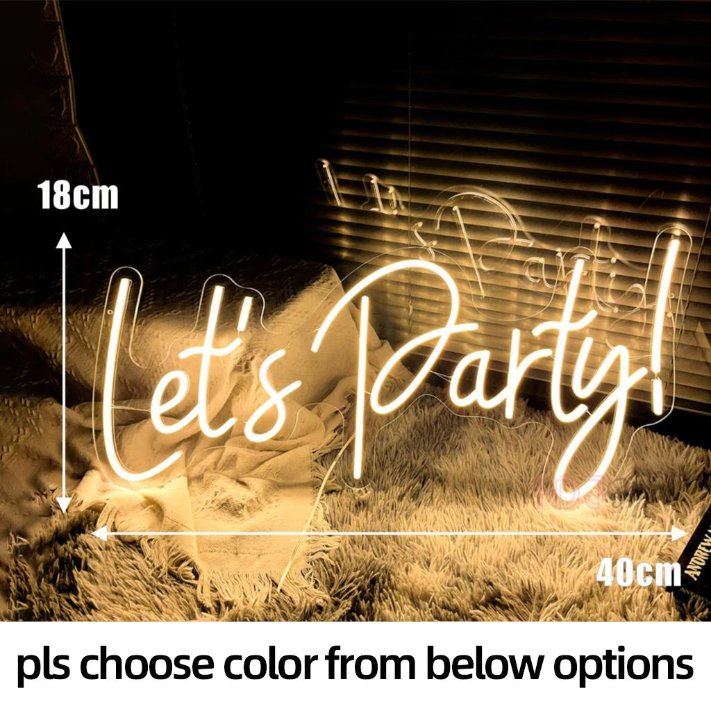 A glowing neon sign spelling out Let's Party in cursive script against a dark background.