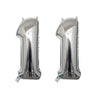 Silver helium foil number balloon shaped like the number 1