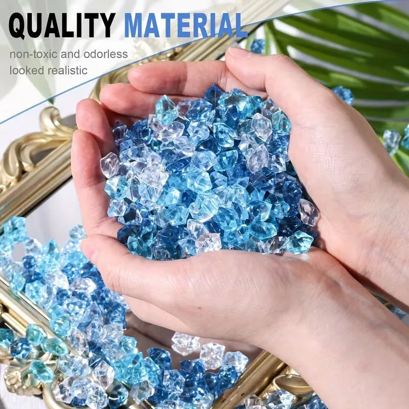 Hands hold crushed blue acrylic pebbles used as quality material for decorative purposes.