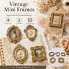 A collection of five vintage gold-framed resin mini photo frames displayed on textured paper and fabric.