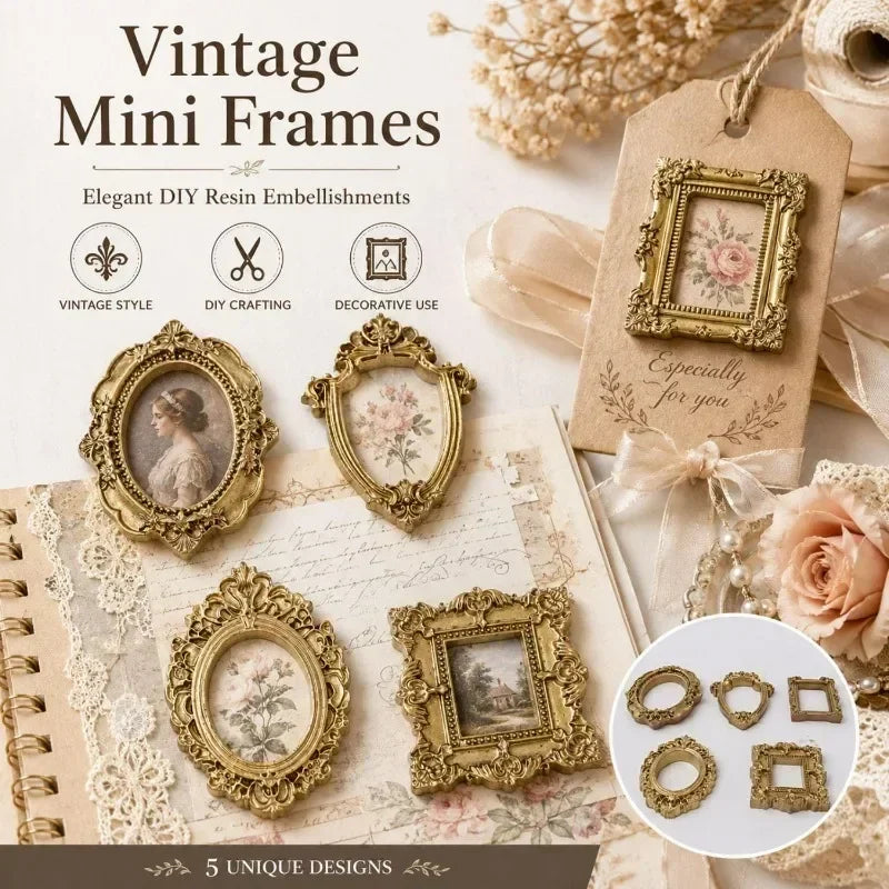 A collection of five vintage gold-framed resin mini photo frames displayed on textured paper and fabric.