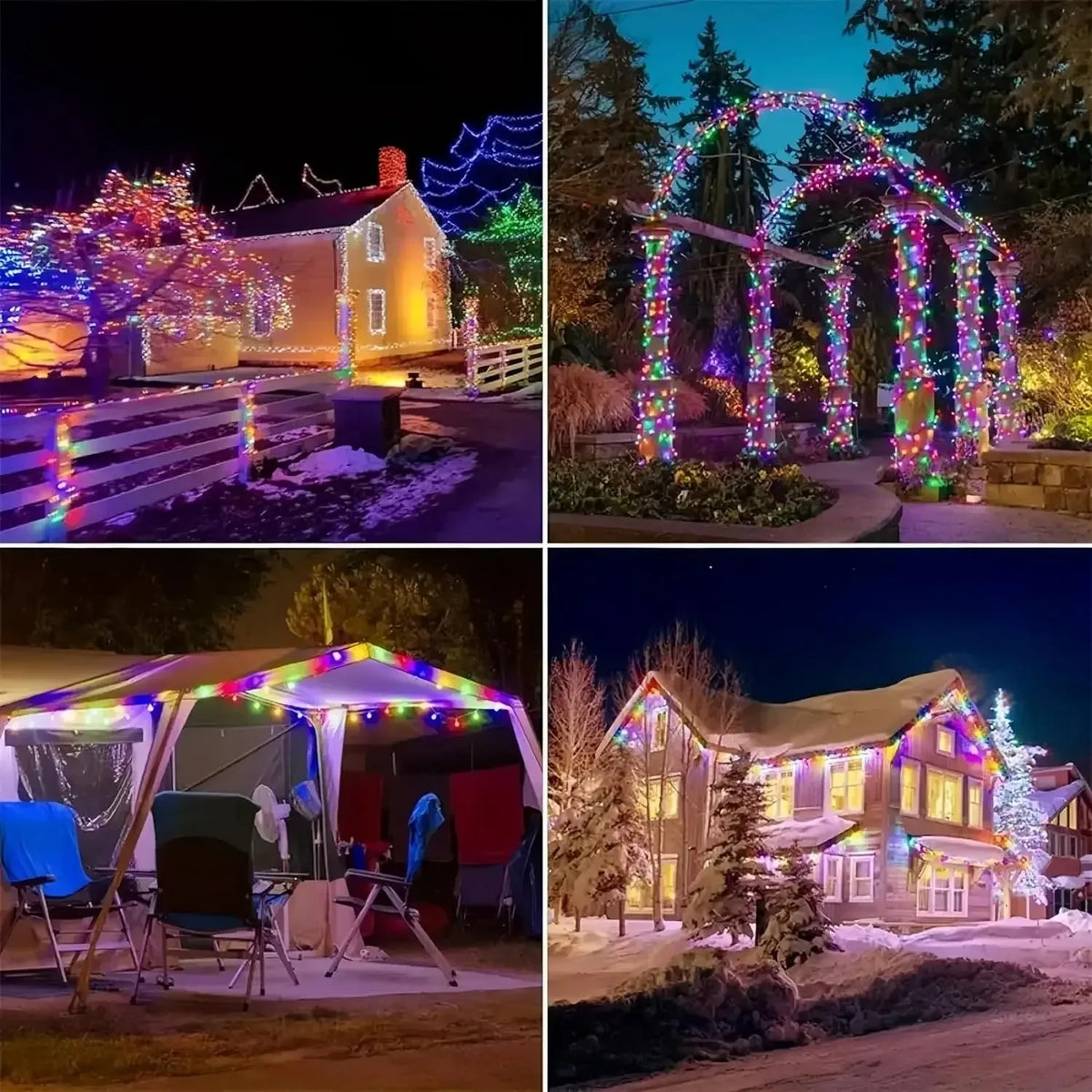 Four images showing outdoor string lights illuminating a house, an archway, and a tent at night.