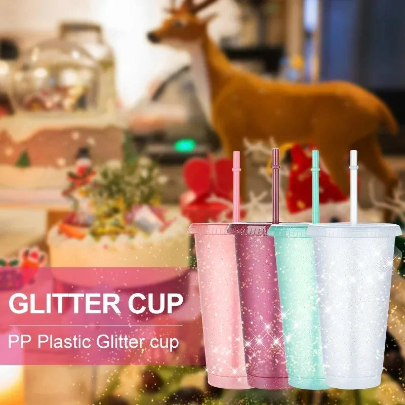 A set of pink, purple, and mint green glitter plastic cups with lids and straws for parties and events.