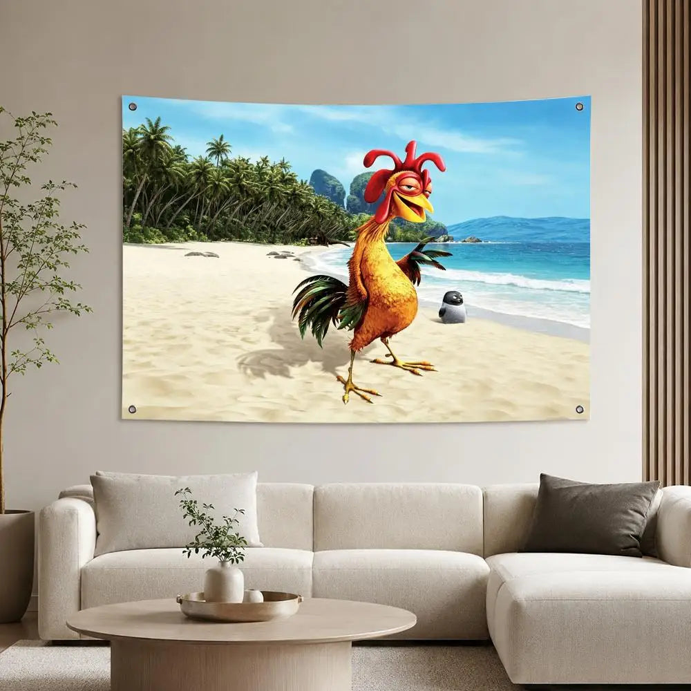 A vibrant tapestry featuring a movie-inspired depiction of a rooster with red comb and green feathers against a blue ocean ba