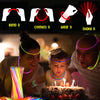 Colorful glow sticks and bracelets are displayed with people celebrating a birthday.