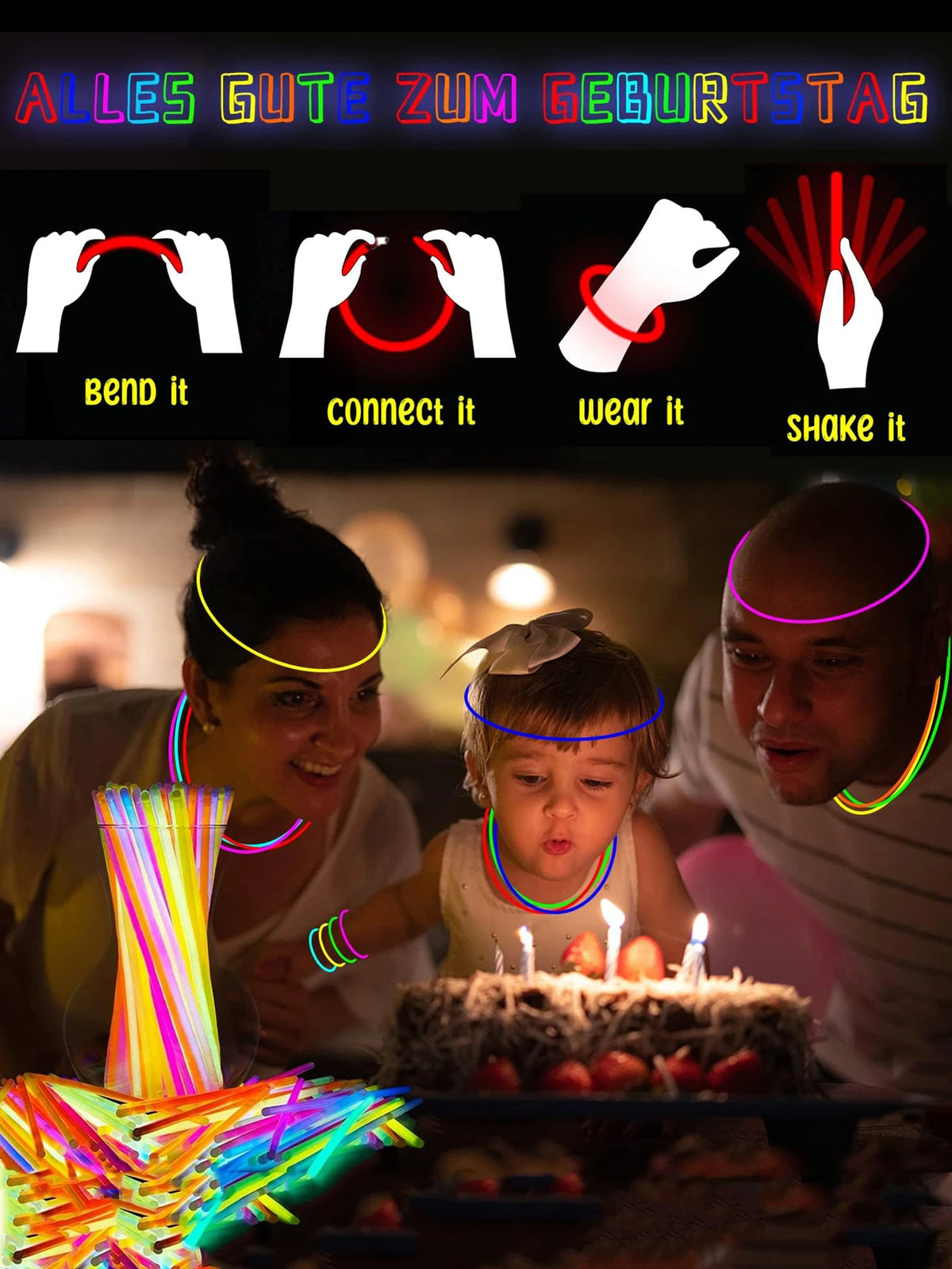 Colorful glow sticks and bracelets are displayed with people celebrating a birthday.