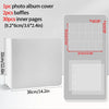 A white photo album cover with two baffles and thirty inner pages shown next to a tablet display.