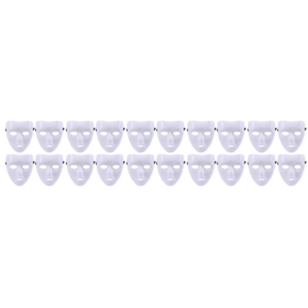 A row of white performance masks for dance, cosplay, and Halloween