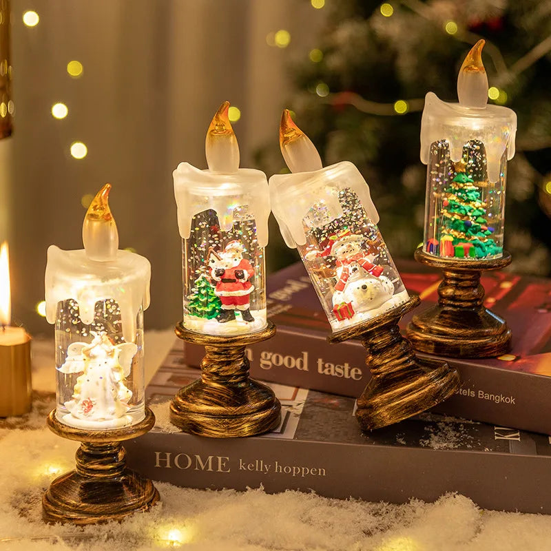 A festive snowflake candle wind lamp displayed on a wooden surface with Christmas lights and a book.