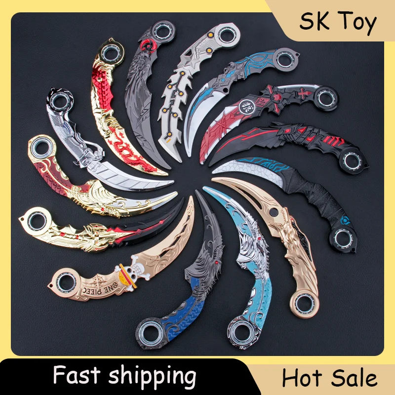 A collection of various anime-style rotating claw knives and blades in different colors and designs displayed against a dark 