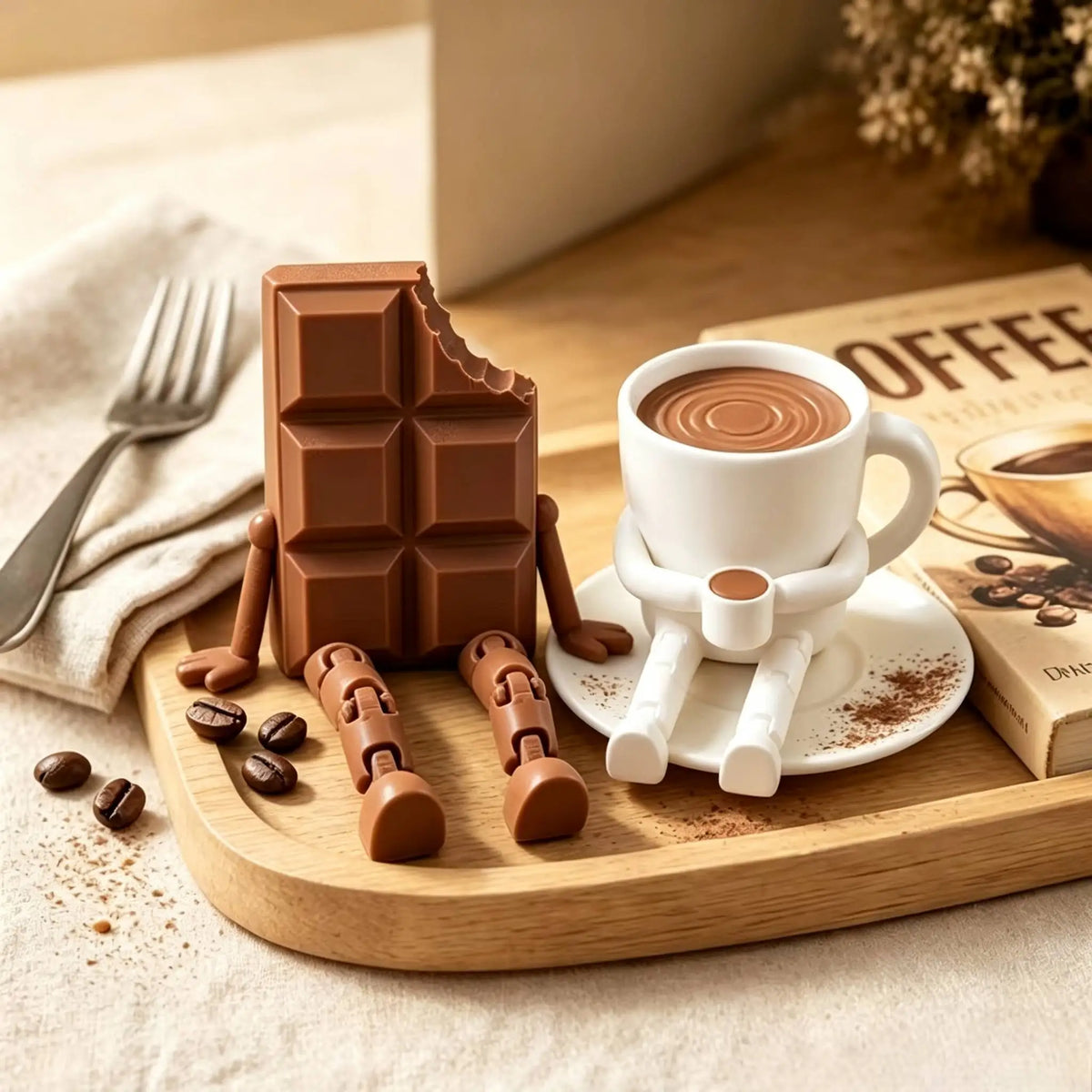 A 3D printed coffee bean cup figurine with articulated joints sits on a wooden board next to a cup of coffee and a loaf of br