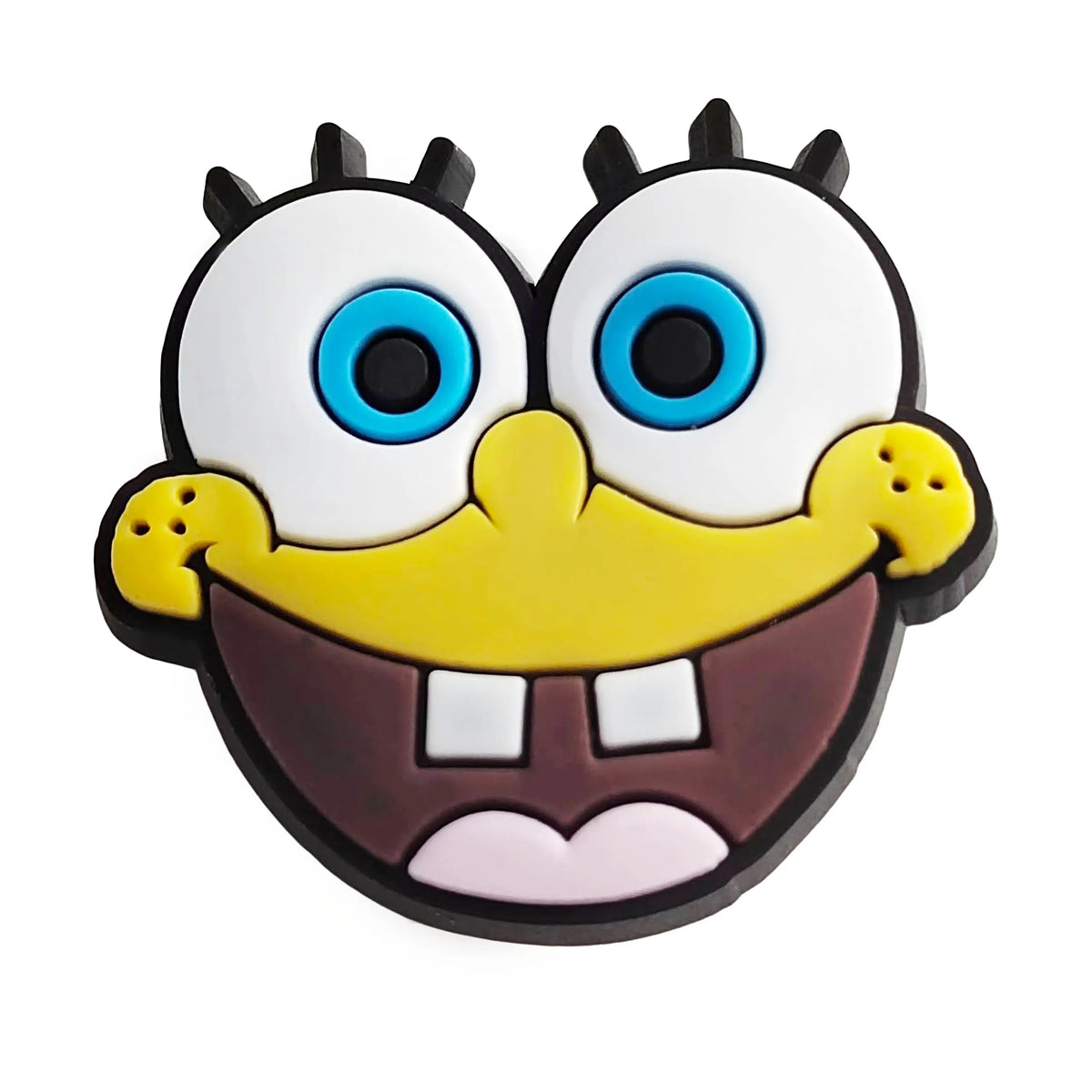 A set of SpongeBob SquarePants themed shoe charms featuring a smiling face with large blue eyes and a yellow nose.