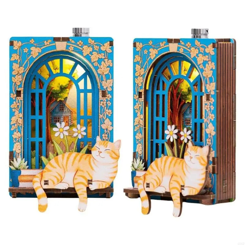 Wooden layered puzzle magnets for decor featuring a cat silhouette inside an arched window frame