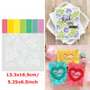 A set of floral love words stencils and stamps for DIY scrapbooking shown with various colored paper cards.