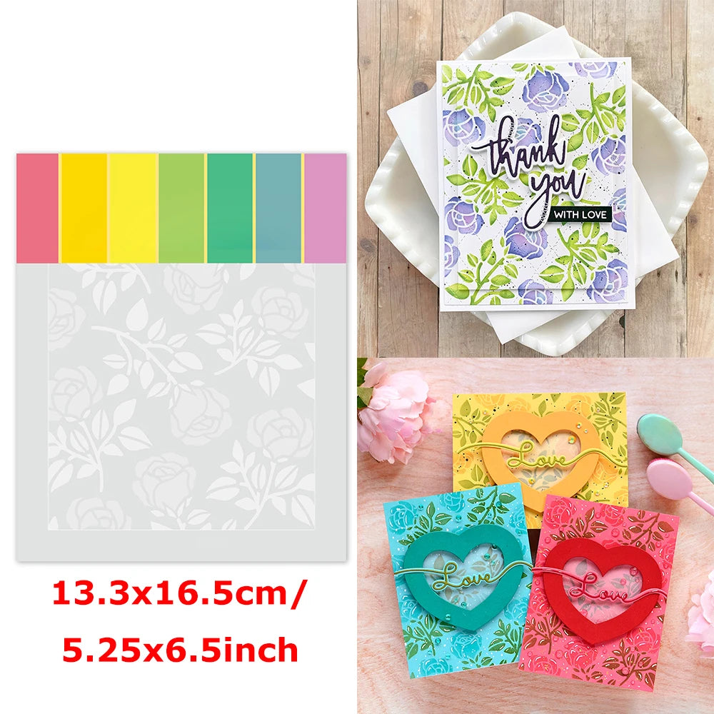 A set of floral love words stencils and stamps for DIY scrapbooking shown with various colored paper cards.