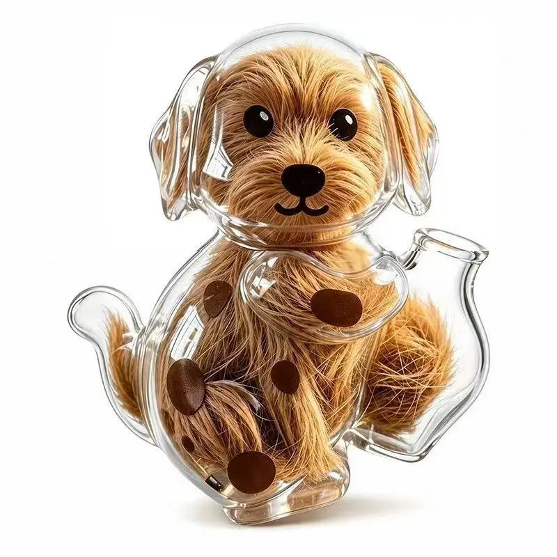 A clear capsule keepsake magnet shaped like a dog's head with golden-brown fur.