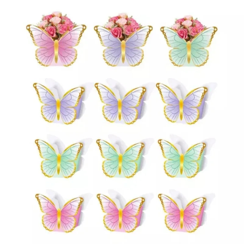 A set of pink and green butterfly table decor kits for a garden party